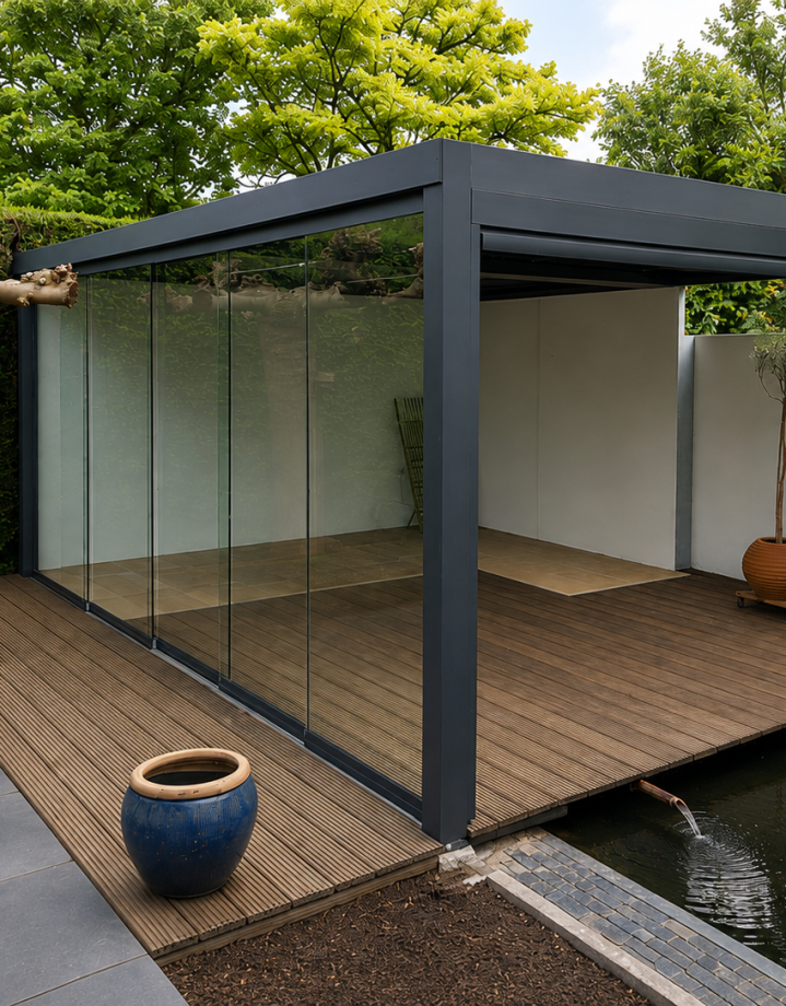 Half-vrijstaande pergola met een glazen schuifwand | TNW Interieur